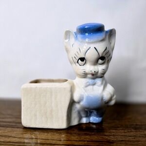 Vintage Ceramic Pig Planter Blue Hat Bow‎ Tie Whimsical Kitsch style Figurine